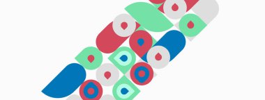 Soyut renkli şekiller beyaz arkaplanla örtüşüyor. Yuvarlak formlar eğlenceli desenler, basit tasarım yaratır. Modern estetik.