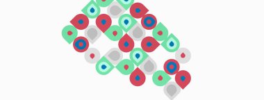 Soyut desen renkli daireler, kareler, gözyaşı damlaları içerir. Şekiller örtüşür ve dinamik görsel doku yaratır. Minimalist tasarım, basit geometri.