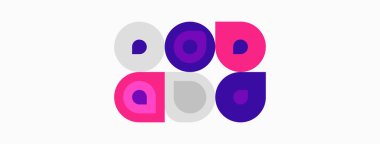 Soyut geometrik şekiller, daireler, kareler, mor, pembe, gri. Minimalist tasarım, modern estetik, basit kompozisyon. Temiz çizgiler, düz renkler.