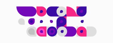 Soyut geometrik bileşim. Mor, gri daireler kesişiyor, oyuncu bir düzen yaratıyor. Minimalist tasarım, modern estetik.