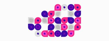 Mor, gri, beyaz daireler kullanarak soyut kompozisyon. Şekiller örtüşüyor ve karmaşık görsel doku oluşturuyor. Minimalist tasarım, modern estetik.