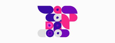 Soyut geometrik şekiller, mor renkler, beyaz arkaplan. Modern tasarım, eğlenceli kompozisyon, basit biçimler, canlı renkler.