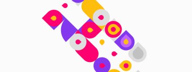 Soyut geometrik şekiller, canlı renkler, neşeli kompozisyon. Çemberler, kareler, dikdörtgenler dinamik görsel efekt oluşturur. Modern tasarım.