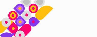 Soyut renkli şekiller örtüşür, dinamik bileşim yaratır. Çemberler, kareler, yarım daireler dizaynın hakimi. Parlak renkler karşıtlık beyaz boşluk.