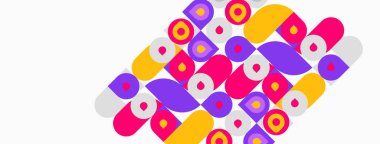 Soyut renkli şekiller örtüşüyor, dinamik desenler oluşturuyor. Pembe, mor, sarı, beyaz baskın kompozisyon. Modern tasarım ögesi.