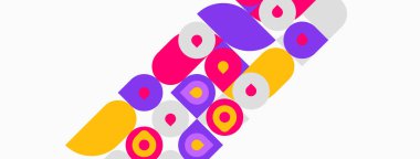 Soyut renkli şekiller çakışıyor, dinamik görsel desen oluşturuyor. Daireler, dikdörtgenler kompozisyona hakim. Parlak renkler dikkat çeker.