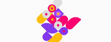 Soyut renkli şekiller örtüşür, dinamik bileşim yaratır. Daireler, kareler, yuvarlak dikdörtgenler oyuncu bir tasarım sunar. Parlak renkler beyaz arkaplana hakim.