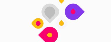 Beyaz arka plana dağılmış renkli damlalar. Şekiller renk ve boyut olarak değişir, oyuncu görsel efektler yaratır. Basit tasarım.