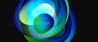 Soyut dairesel tasarım. Canlı mavi, yeşil renkler harmanlanmış. Metin kaplamalı modern arkaplan ögesi. Yumuşak eğimler derinlik yaratır.