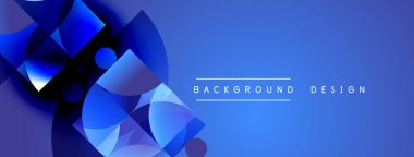 Soyut mavi şekiller dinamik bileşim oluşturur. Gradyan gölgeler görsel derinliği ve modern tasarım ögesini arttırır.