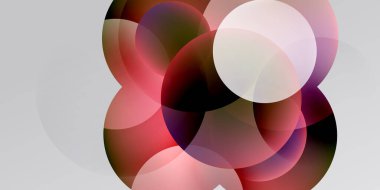 Soyut kompozisyon. Üst üste binen daireler dinamik görsel efekt yaratır. Renkler koyu kırmızıdan soluk beyaza kadar değişir. Minimalist tasarım.
