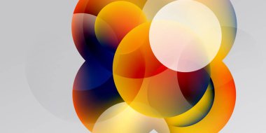 Soyut kompozisyon. Üst üste binen daireler, canlı renkler, gradyanlar dinamik görsel efekt yaratır. Modern tasarım, yumuşak aydınlatma.