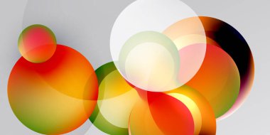 Soyut daireler örtüşür, canlı renk karışımları yaratır. Eğim gölgeleri derinliği, ışığı ve gölgeyi gösteriyor. Koyu arkaplanda minimalist tasarım.