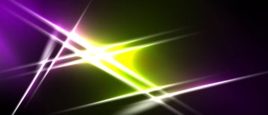 Soyut çizgiler kesişiyor, parlak ışık efektleri yaratıyor. Canlı mor, yeşil, sarı renkler koyu arkaplana hakim. Dinamik enerji yayıyor.