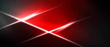 Soyut kırmızı fişekler kesişiyor. Parlak beyaz çizgiler koyu arkaplanı karşılar. Dramatik görsel efekt, modern tasarım öğesi.