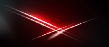 Soyut kırmızı ışık çizgileri koyu arkaplan ile kesişir. Parlak çizgiler dinamik görsel efekt yaratır. Minimalist tasarım, modern estetik.