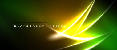 Soyut neon arkaplan. Canlı yeşil, sarı, turuncu gradyanlar dinamik çizgiler oluşturur. Dijital projeler için modern tasarım ögesi.