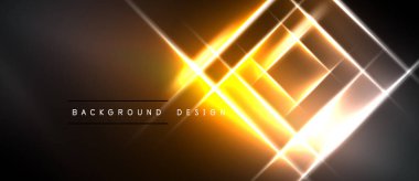 Soyut neon çizgileri dinamik geometrik şekiller yaratır. Parlak sarı, zıt, koyu bir arkaplan. Modern tasarım ögesi.