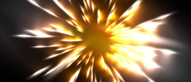 Parlak patlama dışarıya doğru yayılır. Altın, beyaz ışık, merkez noktadan koyu arkaplana doğru fışkırır. Yoğun enerji görünür.