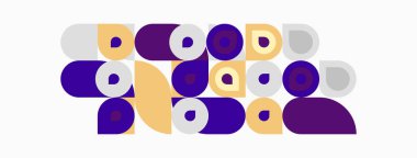Soyut geometrik bileşim. Çemberler, ovaller, şekiller kesişiyor, eğlenceli bir düzen yaratıyor. Renkler arasında mor, altın, gri var. Minimalist tasarım.