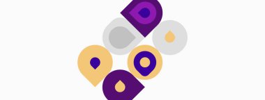 Soyut tasarım renkli yuvarlak şekiller içerir. Mor, sarı, gri elementler beyaz arkaplanda eğlenceli bir kompozisyon oluşturur. Minimalist stil.