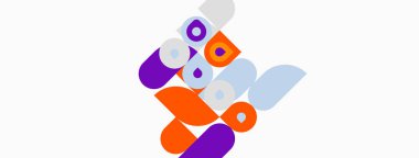 Soyut şekiller örtüşür, dinamik bileşim yaratır. Mor, turuncu, beyaz renkler tasarımda baskın. Modern, minimalist estetik sunum.