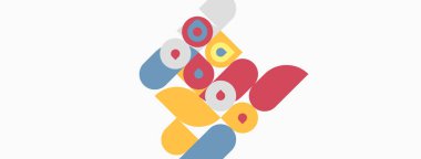 Soyut geometrik şekiller örtüşür, renkli kompozisyon oluşturur. Çemberler, kareler, dikdörtgenler oyuncu bir tasarım oluşturur. Minimalist stil.