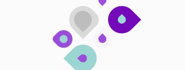 Su damlacıklarını andıran soyut şekiller. Mor, gri, gri renkler beyaz arkaplana hakim. Minimalist tasarım, temiz estetik.