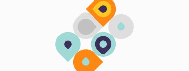 Soyut renkli şekiller beyaz arkaplanla örtüşüyor. Geometrik tasarım daireler, kareler, sessiz tonlar içerir. Modern estetik, basit kompozisyon.