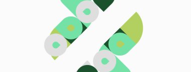 Soyut geometrik şekiller, yeşil renkler, beyaz arkaplan. Çemberler, yarım daireler dinamik bileşim oluşturur. Minimalist tasarım, modern estetik.