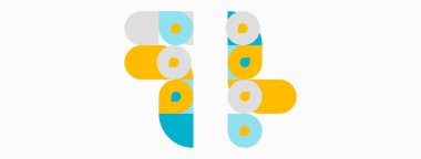 Soyut geometrik şekiller, daireler, kareler, dikdörtgenler. Sarı, mavi, gri renkler neşeli kompozisyon oluşturur. Minimalist tasarım.