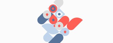 Soyut geometrik şekiller çakışıyor ve eğlenceli bir kompozisyon oluşturuyor. Kırmızı, mavi, gri tonlar beyaz arkaplana hükmediyor. Modern tasarım ögesi.