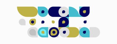 Soyut geometrik şekiller, daireler, kareler, sessiz renkler. Minimalist tasarım, neşeli kompozisyon, modern estetik. Temiz çizgiler, düz çizimler..