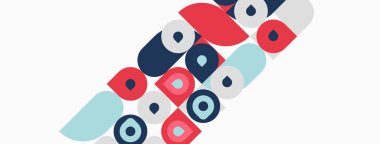 Soyut şablon renkli daireler, noktalar, şekiller içerir. Minimalist tasarım, kırmızı, mavi, deniz mavisi renkte. Basit geometrik bileşim.