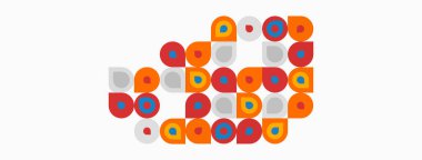 Soyut renkli çemberler kalp şeklini oluşturur. Kırmızı, turuncu, gri, mavi renkler mevcut. Minimalist tasarım, düz vektör çizimi.