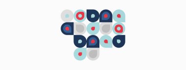 Soyut desen renkli daireler, kareler içerir. Şekiller örtüşür ve dinamik görsel doku yaratır. Minimalist tasarım, temiz estetik.