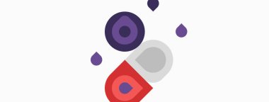 Soyut şekiller, daireler, damlacıklar. Mor, gri, kırmızı renkler kompozisyona hakim. Minimalist tasarım, temiz estetik. Modern grafik ögeleri.