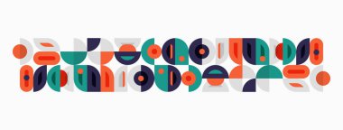 Soyut geometrik desen. Şekiller üst üste biniyor ve orta çağ modern estetiği yaratıyor. Renkler arasında mavi, kırmızı, yeşil, kahverengi.