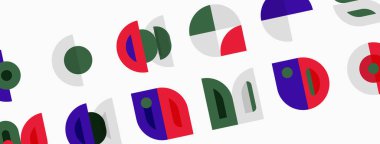 Soyut geometrik şekiller ışık arkaplanı boyunca tekrar eder. Çemberler, yarı daireler, dikdörtgenler eğlenceli desenler oluşturur. Renkler arasında kırmızı, yeşil, mor.