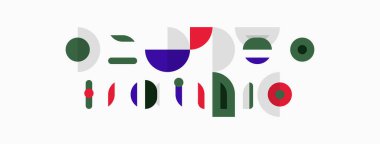 Soyut geometrik şekiller, farklı renkler, basit tasarım. Kompozisyonda daireler, dikdörtgenler, çizgiler, kıvrımlar var. Minimalist estetik.