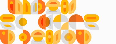 Soyut geometrik şekiller, sıcak renkler tasarıma hakim. Retro estetik, oyuncu kompozisyon, minimalist tarz..