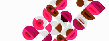 Soyut geometrik desen. Daireler, kareler, dikdörtgenler dinamik görsel doku oluşturur. Pembe, kahverengi, beyaz baskın kompozisyon.