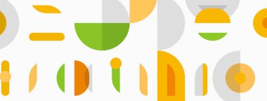 Geometrik şekiller kelime stüdyosunu oluşturur. Renkler turuncu, yeşil, gri. Üst üste binen elementlerle minimalist tasarım. Modern estetik.