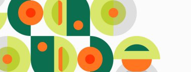 Retro desen, üst üste binen daireler, kareler, dikdörtgenler. Yeşil, turuncu renkler beyaz arkaplana hakim. Basit geometrik tasarım.