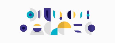 Soyut geometrik şekiller, canlı renkler, minimalist tasarım. Bileşik özellikler çemberler, kavisler, çizgiler, oyuncu düzenleme.