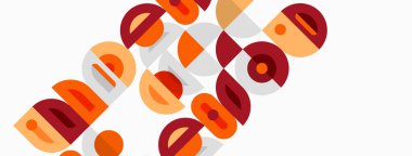 Soyut geometrik şekiller örtüşür, dinamik görsel doku oluşturur. Sıcak renkler tasarıma hakim, geriye dönük estetik.