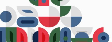 Soyut geometrik şekiller örtüşür, renkli kompozisyon oluşturur. Çemberler, dikdörtgenler, kıvrımlar modern tasarımı oluşturur. Minimalist estetik.