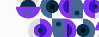 Soyut geometrik desen. Çemberler, yarı daireler, şekiller modern tasarım yaratarak örtüşüyor. Mor, deniz mavisi renkleri kompozisyona hakim..