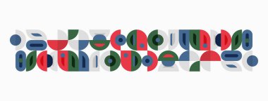 Soyut geometrik desen. Şekiller üst üste biniyor ve orta çağ modern estetiği yaratıyor. Renkler arasında mavi, yeşil, gri, kırmızı.