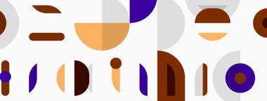 Soyut geometrik şekiller kelime stüdyosunu oluşturur. Renkler arasında mor, kahverengi, bej, gri var. Üst üste binen elementlerle minimalist tasarım.